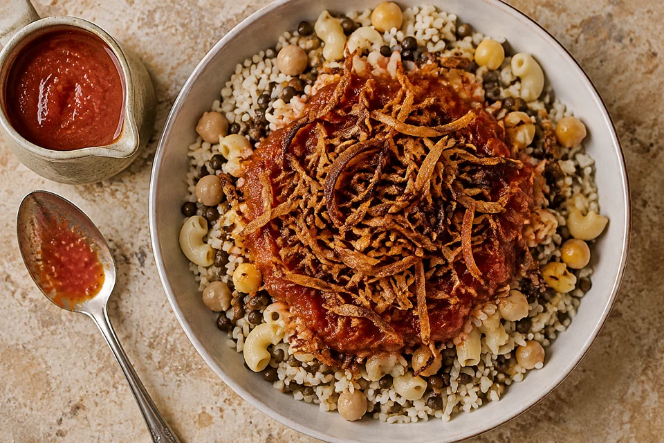 Кошари с рисом, чечевицей, макаронами, нутом и хрустящим луком