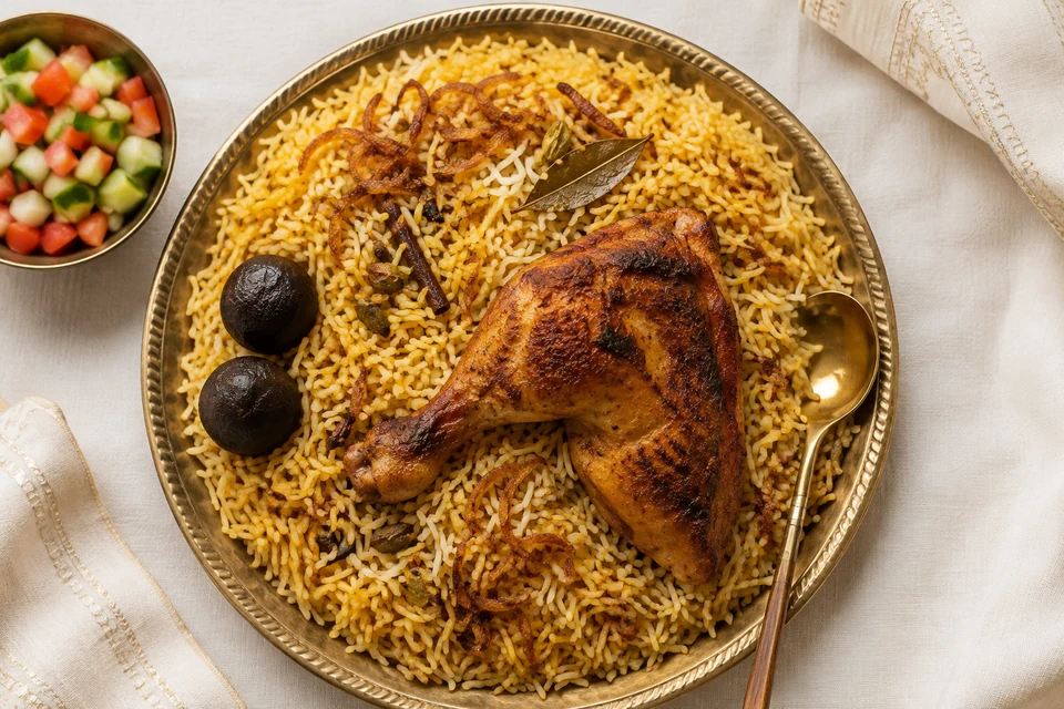 Мачбус с пряным рисом, курицей и сушёным лаймом