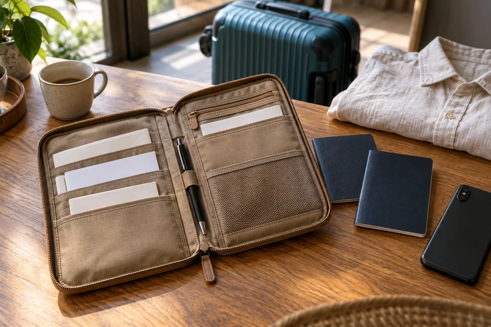 Иллюстрация: дорожный органайзер и телефон для подготовки сведений к следующему въезду