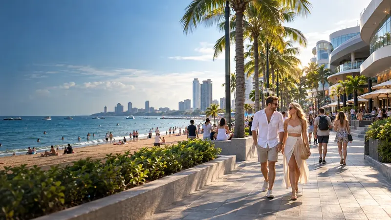 Иллюстрация: Городской пляж Central Pattaya с пальмовой набережной и современной прибрежной архитектурой.