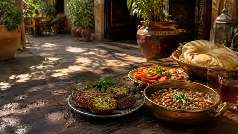 Египетский завтрак с foul medames, taameya и лепёшками eish baladi