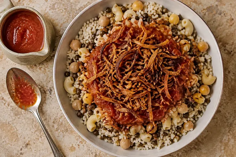 Кошари с рисом, чечевицей, макаронами, нутом и хрустящим луком