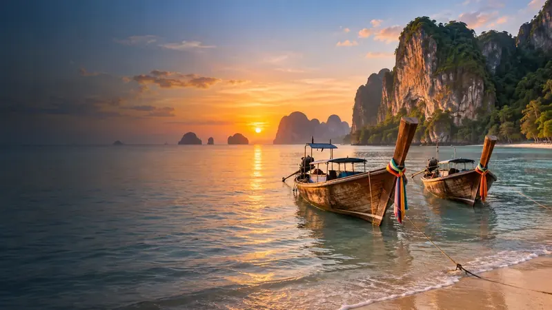 Иллюстрация: Длиннохвостая лодка на рассветной воде Ao Nang перед зелёными известняковыми утёсами Krabi.