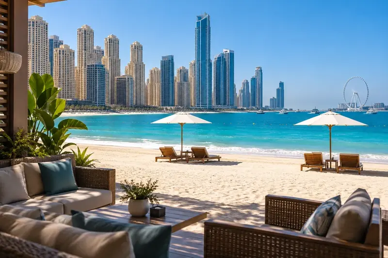 Песчаный пляж JBR, бирюзовый залив и высотные дома Дубая