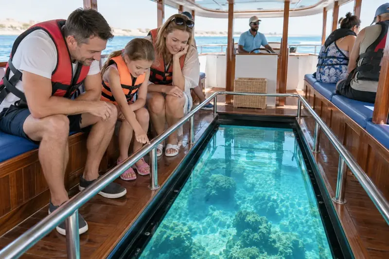 Семья смотрит через стеклянное дно прогулочной лодки на морскую воду