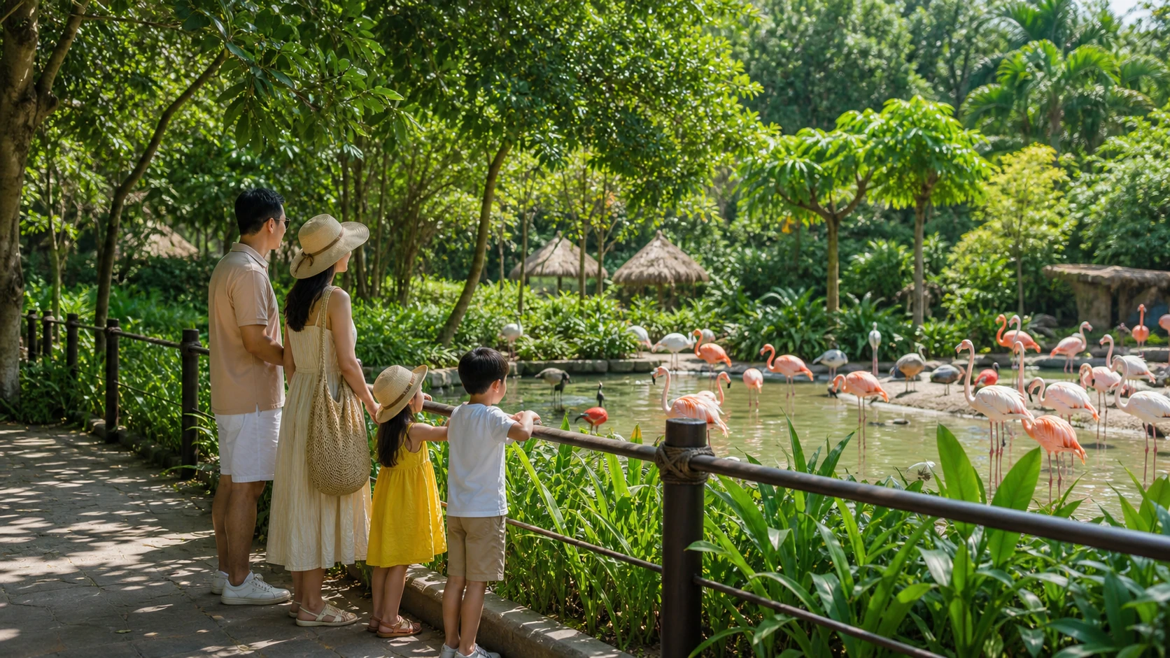 Семья наблюдает птиц в пешей зоне Safari Phu Quoc